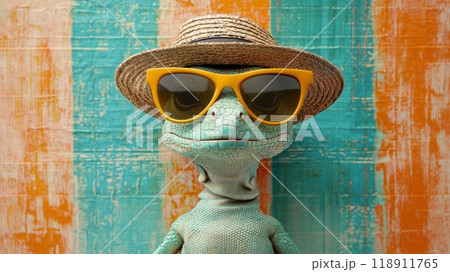 Beautiful lizard in hat wearing yellow sunglasses, in a retro-style fashion with an orange and teal plaid background. 118911765