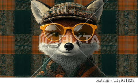 Beautiful fox in hat wearing yellow sunglasses, in a retro-style fashion with an orange and teal plaid background. 118911829