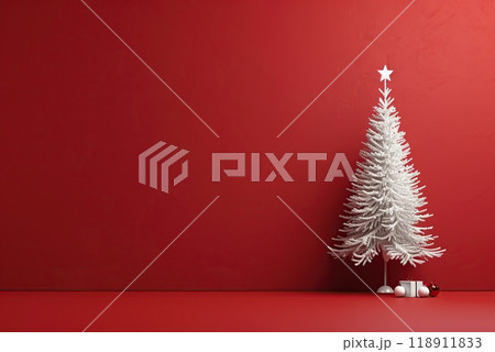 Red background with one white creative Christmas tree. Winter sale mock up. Seasonal holiday wide banner template, space for text. Simple elegant and modern Xmas poster, postcard. Greeting card 118911833