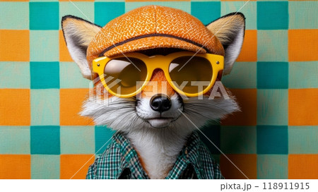 Beautiful fox in hat wearing yellow sunglasses, in a retro-style fashion with an orange and teal plaid background. 118911915