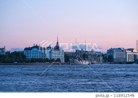 view to protected cruiser Aurora, currently preserved as a museum ship in Saint Petersburg, during White Night view to protected cruiser Aurora, currently preserved as a museum ship in Saint Petersburg, during White Night 118912546