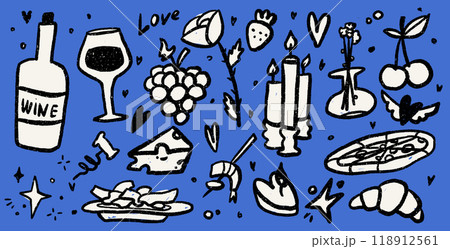 Set of dinner elements. Doodle vector illustrations of food and wine. Trendy scribble punk texture. Italian lunch icons. Party or romantic day collection on blue background. Set of dinner elements. Doodle vector illustrations of food and wine. Trendy scribble punk texture. Italian lunch icons. Party or romantic day collection on blue background. 118912561