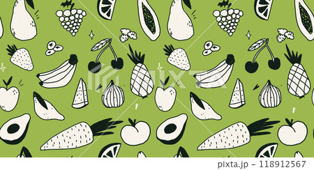 Background with tropical fruits. White and green colors. Scribble vector elements. Trendy fresh banner with healthy products. Seamless Healthy pattern 118912567