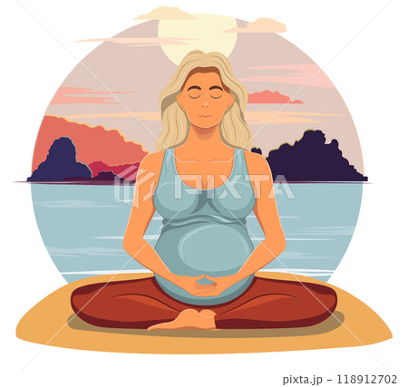 pregnant young woman sitting in yoga pose and meditating cartoon vector illustration pregnant young woman sitting in yoga pose and meditating cartoon vector illustration 118912702