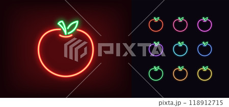 Outline neon apple icon set. Glowing neon apple fruit with leaf, outline shape and silhouette. Ripe fruit, apple garden, organic food, fruit diet, summer vitamins, health food. Vector icons Outline neon apple icon set. Glowing neon apple fruit with leaf, outline shape and silhouette. Ripe fruit, apple garden, organic food, fruit diet, summer vitamins, health food. Vector icons 118912715