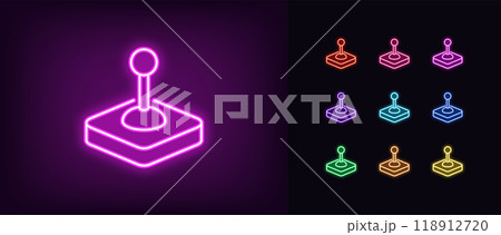 Outline neon control joystick icon set. Glowing neon arcade joystick, game joypad, control lever. Gaming stick handle, retro controller, vintage control console, manipulator handle. Vector icons 118912720
