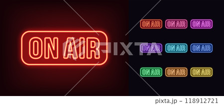 Outline neon On Air text, icon set. Glowing neon On Air sign with frame. Broadcast music radio, tv show and podcast. Online sport game stream, live play. News on air, live interview. Vector icons Outline neon On Air text, icon set. Glowing neon On Air sign with frame. Broadcast music radio, tv show and podcast. Online sport game stream, live play. News on air, live interview. Vector icons 118912721