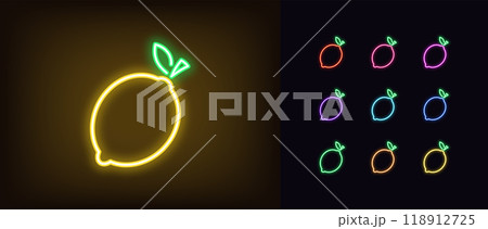 Outline neon lemon icon set. Glowing neon lemon fruit with leaf, outline silhouette. Ripe citrus fruit, lemon garden, organic food, fruit diet, summer vitamins, lime fresh, health food. Vector icons Outline neon lemon icon set. Glowing neon lemon fruit with leaf, outline silhouette. Ripe citrus fruit, lemon garden, organic food, fruit diet, summer vitamins, lime fresh, health food. Vector icons 118912725
