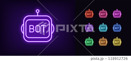 Outline neon chat bot, icon set. Glowing neon robot face with Bot text. Virtual assistant, smart bot with AI algorithms, chatbot technology for business tasks, mobile digital helper. Vector icons 118912726