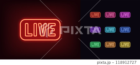 Outline neon Live text icon set. Glowing neon Live tag with frame. Livestream sport game, live play. Music radio on air, live broadcast interview. News and tv show on air, live podcast. Vector icons 118912727