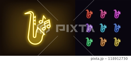 Outline neon jazz music icon set. Glowing neon saxophone with musical notes. Jazz retro party, live classical music, musical festival and jazz show, golden sax melody play, music concert. Vector icons 118912730