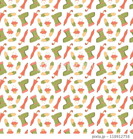 Seamless pattern with an umbrella, green rubber boots and clouds. Suitable for wrapping paper. Seamless pattern with an umbrella, green rubber boots and clouds. Suitable for wrapping paper. 118912758