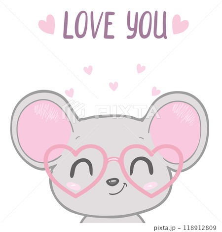 Cute mouse with heart. Be my Valentine. Valentine's day banner, background, flyer, placard. Vector illustration card for greeting, decoration, congratulation 118912809