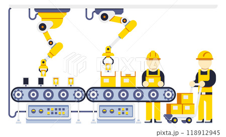 Conveyor belt with working engineers. Factory line concept 118912945