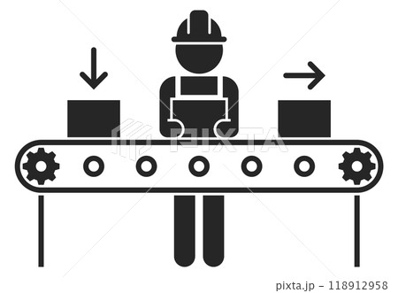 Factory workman on conveyor black icon. Production line 118912958