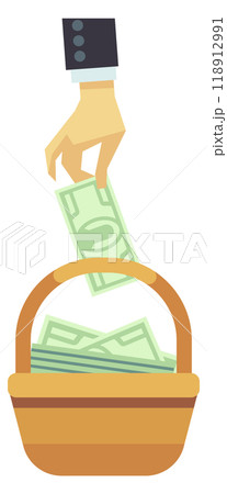 Hand put dollar bills in basket. Donation payment 118912991