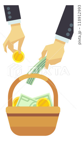 Money donation. Basket with dollar bills and coins 118912993