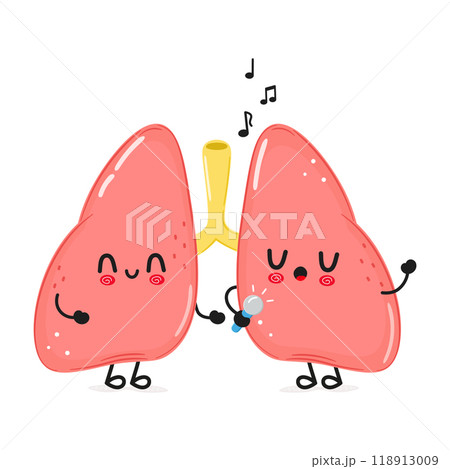 Lungs sings into a microphone character. Vector hand drawn cartoon kawaii character illustration icon. Isolated on white background. Lungs character concep 118913009