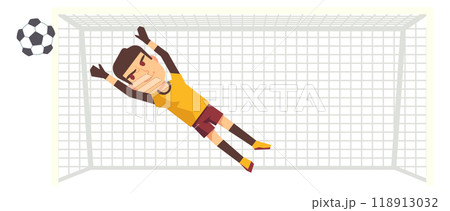 Goalkeeper in football gate with soccer ball. Sport player 118913032