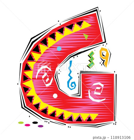 A decorative letter G in a Fiesta style with red, pink lines, and yellow accents 118913106