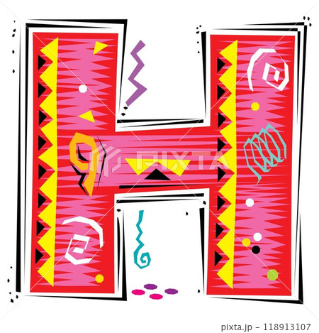 A decorative letter H in a Fiesta style with red, pink lines, and yellow accents 118913107