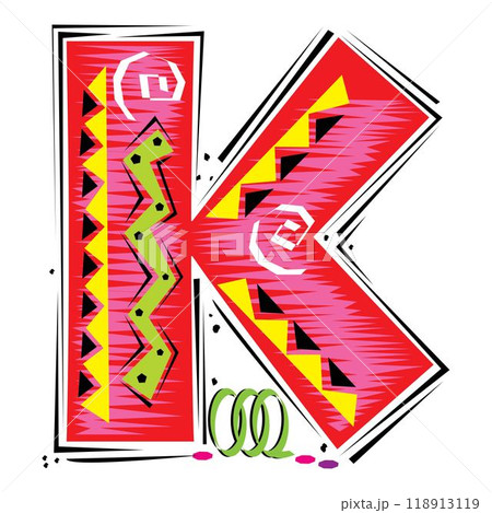 A decorative letter K in a Fiesta style with red, pink lines, and yellow accents 118913119