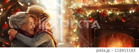 The tender embrace of a grandmother and granddaughter near the fireplace is complemented by a beautifully adorned Christmas tree, enhancing the cozy atmosphere, banner 118913183
