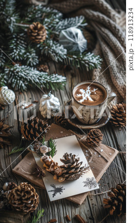 The Christmas card, nestled among natural pine cones and holly, sits on a rustic wooden surface, with a steaming cup of cocoa nearby, creating a warm holiday atmosphere 118913234