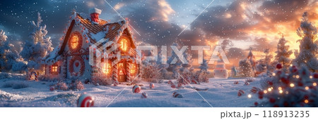 A beautifully crafted Christmas gingerbread house with icing, candy canes, gumdrops, and chocolate tiles, resting in a snowy landscape decorated with festive ornaments, banner 118913235