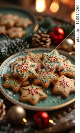 A joyful scene featuring a plate of star-shaped Christmas cookies, beautifully decorated with vibrant icing and sprinkles, placed on a table with holiday ornaments and a warm fireplace behind 118913260