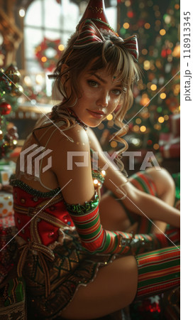 An adorable elf-helper dressed in a colorful costume, wrapping presents in Santa's workshop. The scene includes vibrant holiday decorations and an assortment of toys 118913345