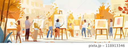 Outdoor art class in action with a group of people painting on canvases. The scene captures the creative process with brushes and vibrant colors, set against a picturesque natural backdrop, banner 118913346