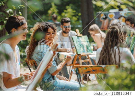 A group of people engaged in an outdoor art class, painting on canvases with colorful strokes Easels and brushes are set up in a scenic environment,shared hobby for a group of people,deep connections A group of people engaged in an outdoor art class, painting on canvases with colorful strokes Easels and brushes are set up in a scenic environment,shared hobby for a group of people,deep connections 118913347