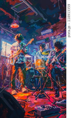 Friends enjoy a jam session in a garage, with various instruments like guitars and drums contributing to their band practice, captured in a vibrant, shared hobby for a group of people 118913359