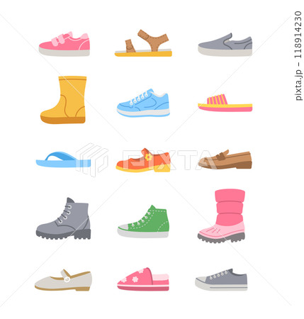 Kids shoes collection. Basic types of footwear for children. Sneakers, sandals, boots, ballet flats, loafers, slippers. Simple color flat icons for kids clothing shop. Side view pictograms, isolated Kids shoes collection. Basic types of footwear for children. Sneakers, sandals, boots, ballet flats, loafers, slippers. Simple color flat icons for kids clothing shop. Side view pictograms, isolated 118914230