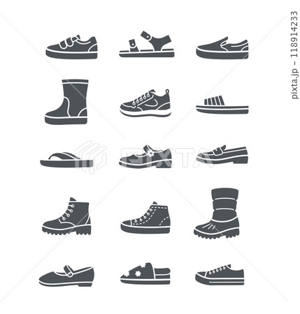 Kids shoes collection. Basic types of footwear for children. Sneakers, sandals, boots, ballet flats, loafers, slippers. Simple solid silhouette icons for kids clothing shop. Side view pictograms Kids shoes collection. Basic types of footwear for children. Sneakers, sandals, boots, ballet flats, loafers, slippers. Simple solid silhouette icons for kids clothing shop. Side view pictograms 118914233