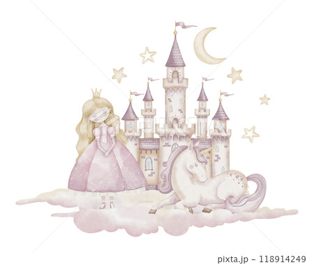 Watercolor Castle with Princess and Unicorn in pastel pink colors. Illustration of fantasy character and fortress on a cloud for Baby shower greeting cards or girls birthday invitations. 118914249