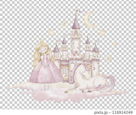 Watercolor Castle with Princess and Unicorn in pastel pink colors. Illustration of fantasy character and fortress on a cloud for Baby shower greeting cards or girls birthday invitations. 118914249