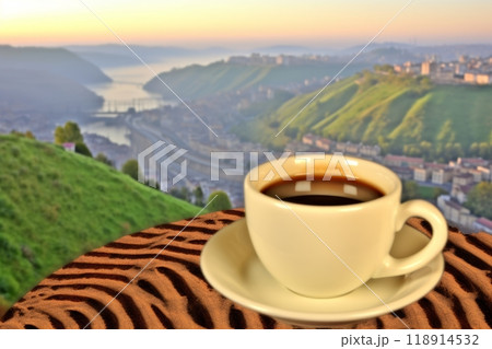 A vibrant morning scene golden sunlight, breathtaking landscape, and a perfect cup of coffee A vibrant morning scene golden sunlight, breathtaking landscape, and a perfect cup of coffee 118914532