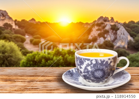 A vibrant morning scene golden sunlight, breathtaking landscape, and a cup of steaming coffee A vibrant morning scene golden sunlight, breathtaking landscape, and a cup of steaming coffee 118914550