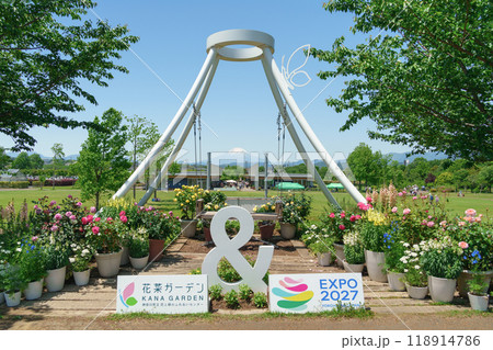 遠くに富士山を望む「富士山ベンチ」と初夏の花壇のフォトスポット(花菜ガーデン/神奈川県平塚市) 遠くに富士山を望む「富士山ベンチ」と初夏の花壇のフォトスポット(花菜ガーデン/神奈川県平塚市) 118914786