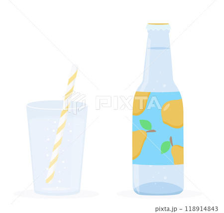 Fruit lemonade or sparkling water in a bottle accompanied by a glass with straw. Carbonated soft drink and beverage with bubbles. Cartoon flat vector elements isolated on white background. 118914843