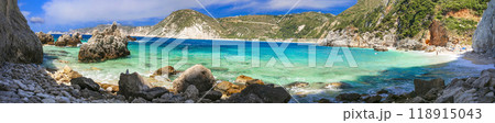 Scenic best beaches of beautiful Cephalonia (Kefalonia) island - Agia Eleni with picturesque rocks. Greece , Ionian islands Scenic best beaches of beautiful Cephalonia (Kefalonia) island - Agia Eleni with picturesque rocks. Greece , Ionian islands 118915043