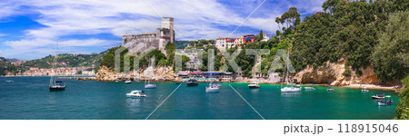 Italy, Liguria. famous golf of poets and scenic town Lerici with medieval castle and nice beaches. 118915046
