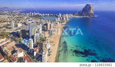 Costa Blanca, Spain. Aerial drone panoramic view of coastal city Calpe with great beaches. 118915081