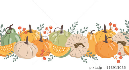 Autumn pumpkins and forest leaves and berries horizontal seamless border. Seasonal fall banner design for greeting. Illustration Autumn pumpkins and forest leaves and berries horizontal seamless border. Seasonal fall banner design for greeting. Illustration 118915086