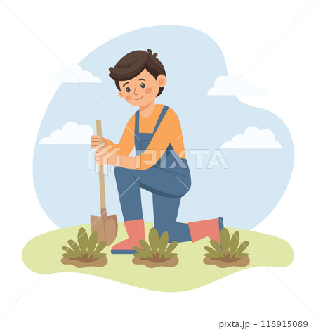 Boy with a shovel takes care of a plant. Cute gardener in spring. Cute flat style illustration. 118915089