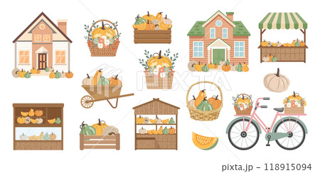 Set of autumn decorative elements with pumpkins. Houses, street stalls, boxes, basket and wheelbarrow with pumpkins. Collection of cute illustrations 118915094