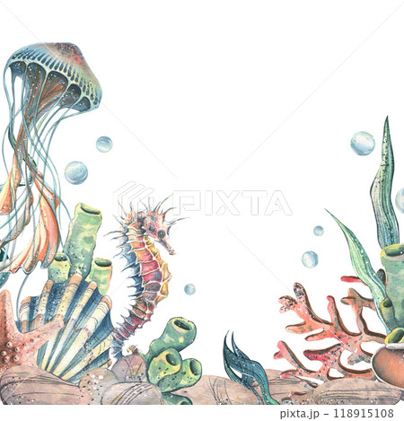 Seahorse, jellyfish, seashell, coral, starfish, sea sponge, algae, pebbles and bubbles. Hand drawn watercolor illustration of sea animals and the underwater. Template, frame square for the text. 118915108