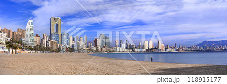 Benidorm - beautiful modern city of Costa Blanca, Spain. panoramic  view, coastal cityscape panorama Benidorm - beautiful modern city of Costa Blanca, Spain. panoramic  view, coastal cityscape panorama 118915177